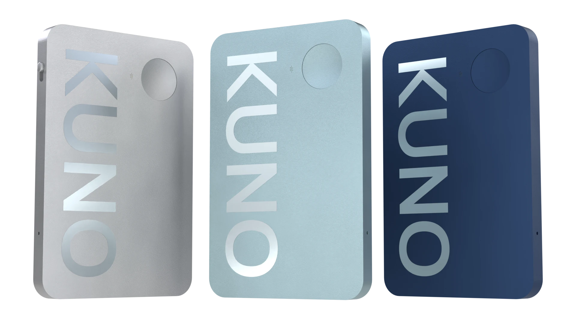 Die drei Kuno-Editionen nebeneinander — Zugspitze Silver, Eibsee Blue (die Edition zum Start) und Helgoland Navy. Eloxiertes Aluminium-Unibody mit eingeprägtem KUNO-Schriftzug.