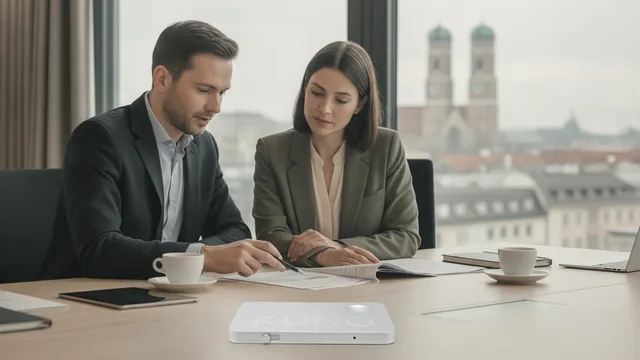 Datenschutz- und IT-Fachleute prüfen Compliance mit Handy und KUNO-Gerät auf dem Tisch.