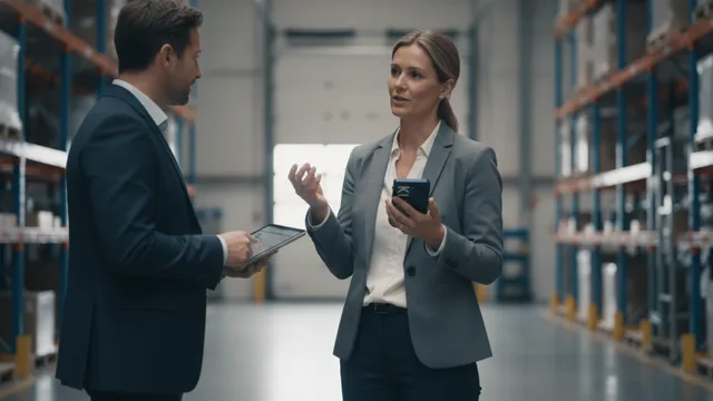 Eine erfolgreiche Betriebsleiterin dokumentiert Standortnotizen in einem Logistiklager mit KUNO am Handy.