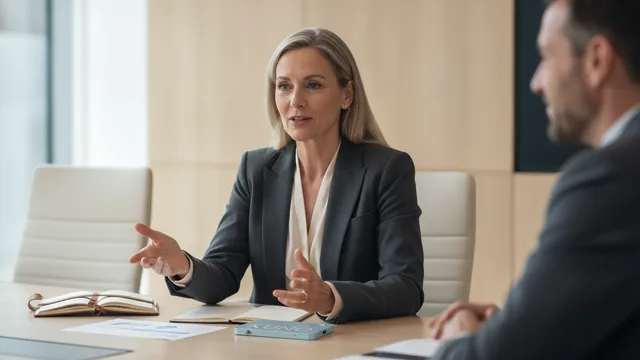 Eine erfolgreiche Führungskraft und Strategieberaterin leitet ein Strategiegespräch, während ein sichtbarer KUNO-Rekorder auf dem Tisch liegt.