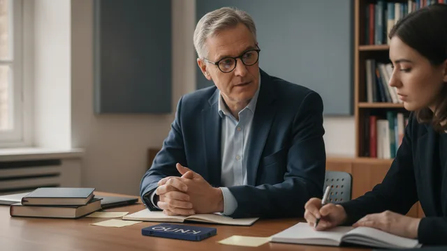 Ein erfolgreicher Forscher führt ein Interview mit einer Teilnehmerin, während KUNO sichtbar auf dem Tisch aufnimmt.