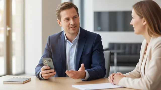 Ein erfolgreicher Account Executive bespricht beim Kundenbesuch nächste Schritte, während KUNO sichtbar am Handy aufnimmt.